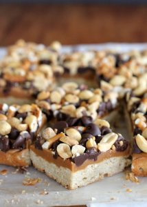 Fully Loaded Bars | Oat shortbread crust, peanut butter caramel, roasted peanuts, pretzels, and semi-sweet chocolate chips! [from bakerita.com]