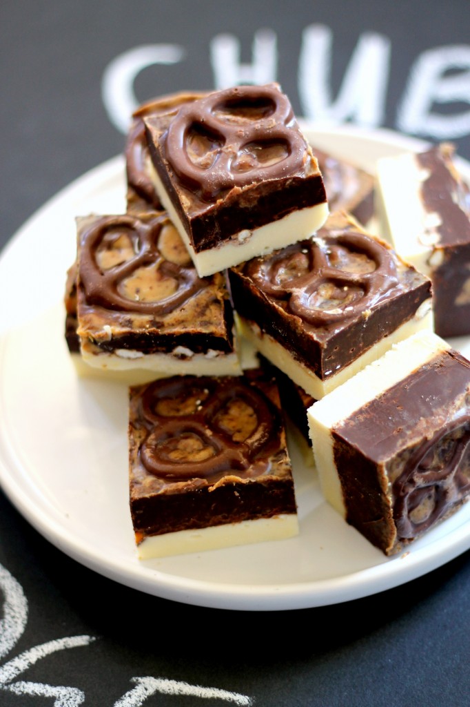 Chubby Hubby Fudge [White Chocolate Malted Fudge, Chocolate Covered Pretzels, Dark Chocolate Fudge, & Peanut Butter Swirl!] | Bakerita.com