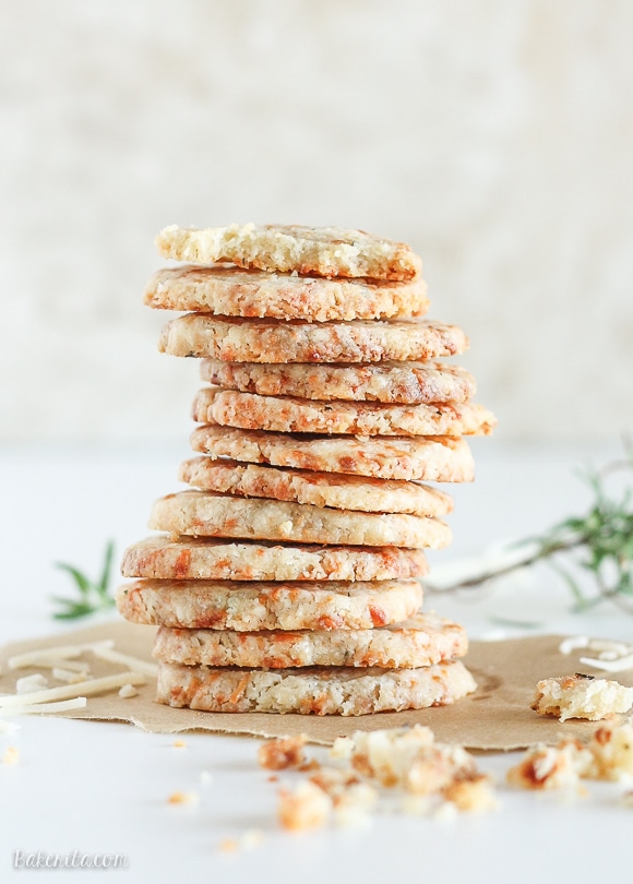 These Parmesan Rosemary Savory Shortbread Rounds are tender slice and bake crackers bursting with Parmesan cheese and fresh rosemary flavor.
