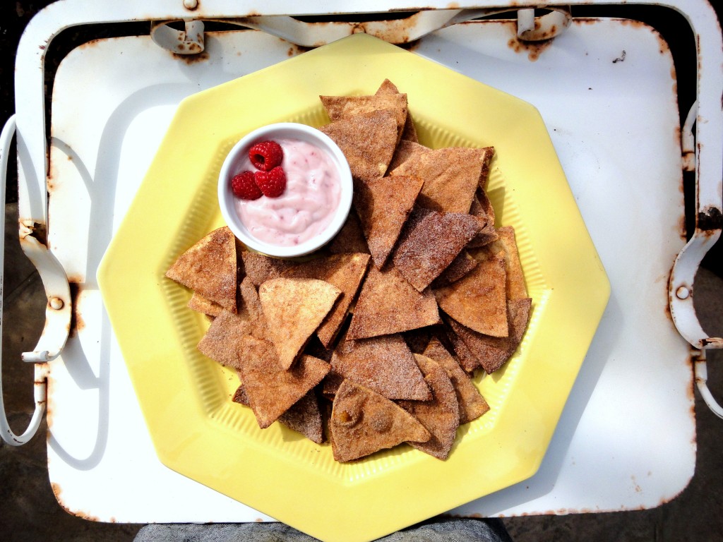 These homemade Cinnamon Sugar Chips are baked to crispiness and served with a super easy Raspberry Yogurt Dip. This light, refreshing snack is super satisfying!
