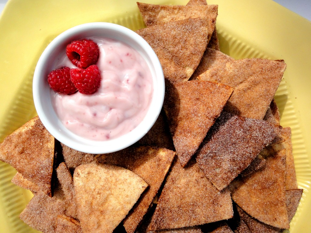 These homemade Cinnamon Sugar Chips are baked to crispiness and served with a super easy Raspberry Yogurt Dip. This light, refreshing snack is super satisfying!