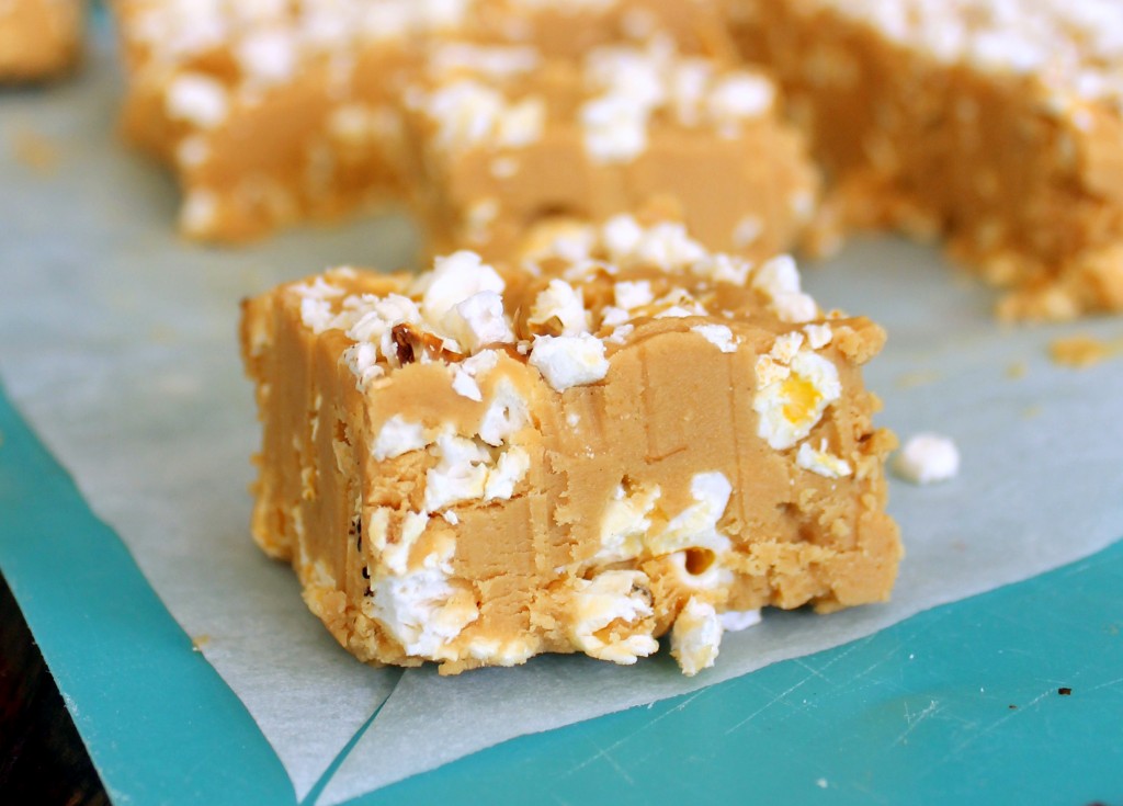 This three-ingredient Peanut Butter Popcorn Fudge is smooth and creamy with crunch bites of popcorn to tie it all together! The perfect salty-sweet combo.