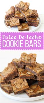 These Salted Dulce De Leche Cookie Bars are a chewy chocolate chip cookie bar made with browned butter, swirled with sweet dulce de leche, and sprinkled with flaky sea salt!