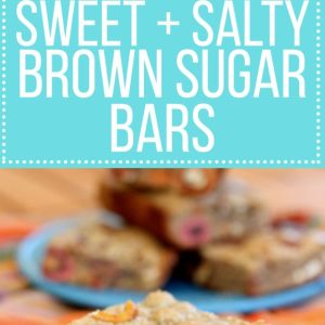 These chewy Sweet & Salty Brown Sugar Bars are full of sweet and salty treats that are perfect for dessert! These are packed with pretzels, almonds, M&Ms, Rolos, and Snickers.