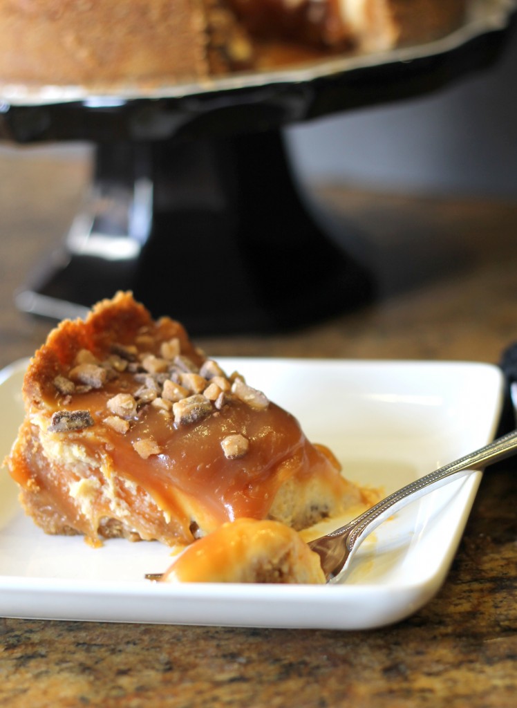 This Toffee Caramel Cheesecake has a smooth and luscious caramel cheesecake filling that's surprisingly easy to make. The cheesecake is topped with a gooey layer of caramel and toffee!