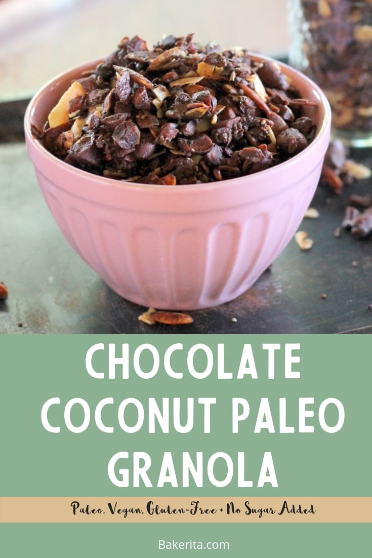 This Chocolate Coconut Paleo Granola is a flavorful and crunchy snack to keep you fueled all morning! This paleo friendly granola uses nuts and coconuts as the base for a delicious gluten-free + vegan breakfast! #breakfast #snack #paleo #vegan #glutenfree #granola