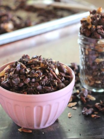 This Chocolate Coconut Paleo Granola is a flavorful and crunchy snack to keep you fueled all morning! This paleo friendly granola uses nuts and coconuts as the base for a delicious gluten-free + vegan breakfast! #breakfast #snack #paleo #vegan #glutenfree #granola