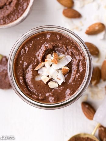 This Dark Chocolate Coconut Almond Butter is a decadent homemade nut butter that will satisfy all your chocolate cravings. This paleo and vegan chocolate spread is perfect with bananas, apples, oatmeal, or with a spoon!