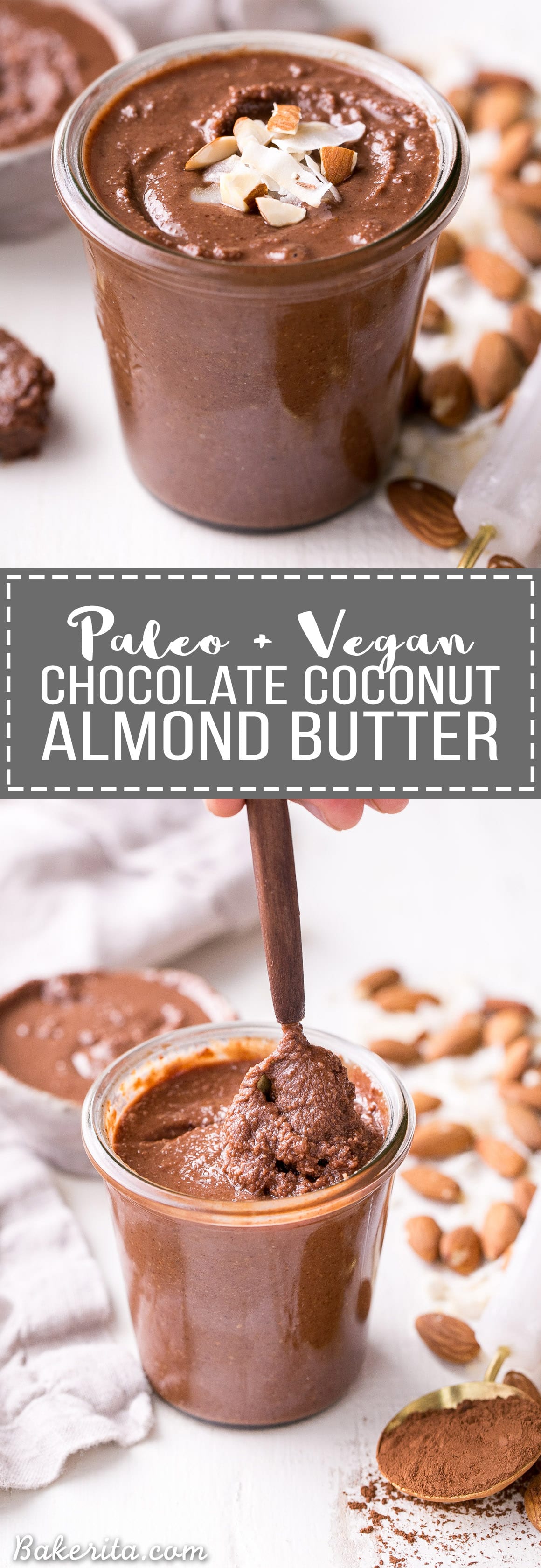 This Dark Chocolate Coconut Almond Butter is a decadent homemade nut butter that will satisfy all your chocolate cravings. This paleo and vegan chocolate spread is perfect with bananas, apples, oatmeal, or with a spoon!