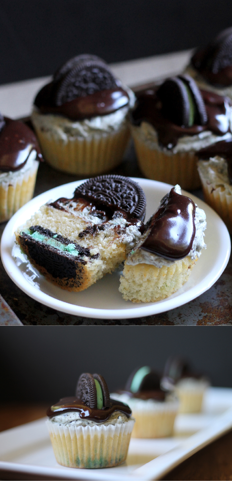These Mint Cookies & Cream Cupcakes feature a vanilla cupcake with a Mint Oreo at the bottom, creamy crunchy Mint Oreo buttercream, & chocolate ganache.