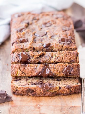 This Chocolate Chunk Zucchini Bread is soft and moist with a tender crumb, and it's not too sweet. This quick bread is Paleo friendly, gluten-free, grain-free, and refined sugar-free.