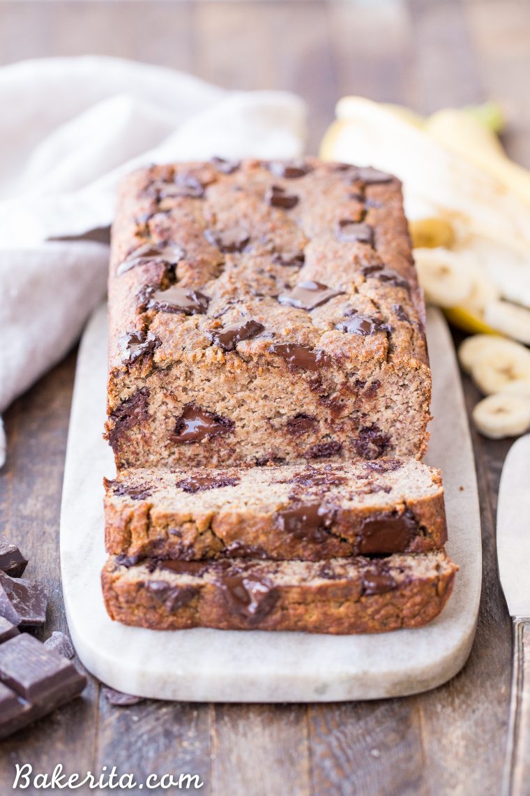 This Paleo Chocolate Chunk Banana Bread is sweetened only with bananas for a guiltless treat that tastes just like traditional banana bread! This is easy recipe you'll come back to again and again. This paleo banana bread is also gluten-free, grain free, and sugar-free. #paleobread #quickloaf #paleo #chocolatechip #bread