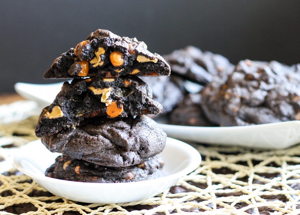 These Loaded Dark Chocolate Cookies are stuffed with chocolate chips, butterscotch chips, peanut butter chips and caramel bits!