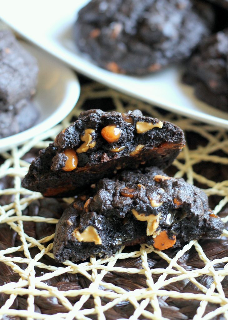 These Loaded Dark Chocolate Cookies are stuffed with chocolate chips, butterscotch chips, peanut butter chips and caramel bits!