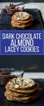 These Dark Chocolate Almond Lacey Cookies are easy, crunchy, & delicious! Dark chocolate slathered between two thin, crunchy cookies for a sweet treat.