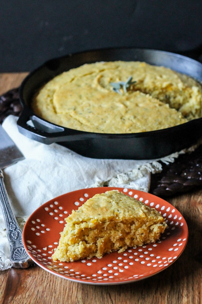 This Brown Butter Sage Skillet Cornbread has a tender interior with a crisp, buttery crust that's perfect slathered with honey butter!