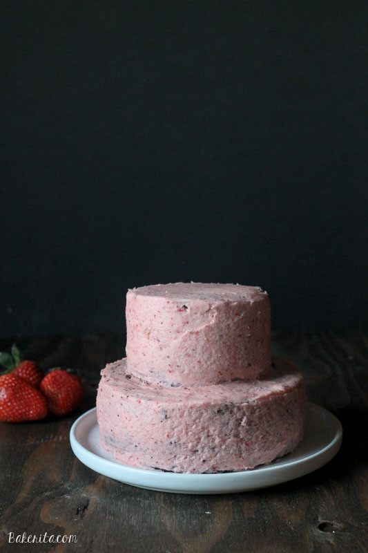 This Mini Chocolate Strawberry Layer Cake is a small tiered chocolate cake filled with fresh strawberry buttercream and topped with chocolate ganache. It's the perfect dessert for Valentine's Day, or a small celebration.