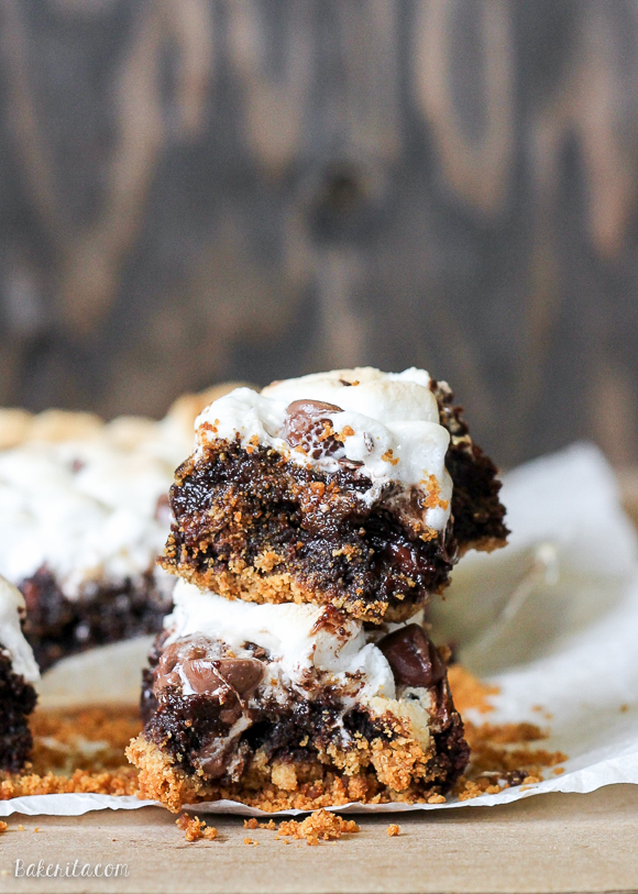 These S'mores Brownies are super fudgy chocolate brownies swirled with marshmallow fluff and milk chocolate chips, baked on a graham cracker crust and topped with toasted mini marshmallows.
