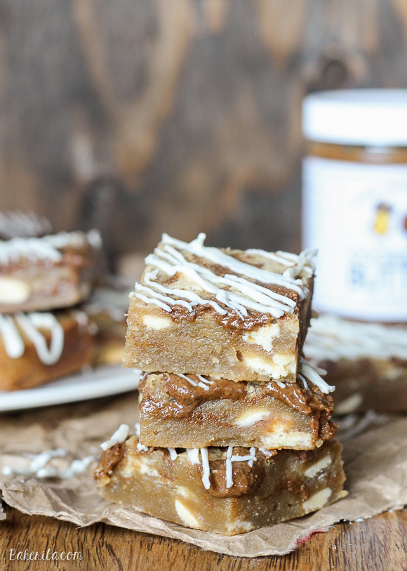 These Browned Butter White Chocolate Blondies with CookieNut Butter Swirl are quick, easy, and delicious! They come together in one bowl, and you'll love the unique CookieNut Butter swirl.