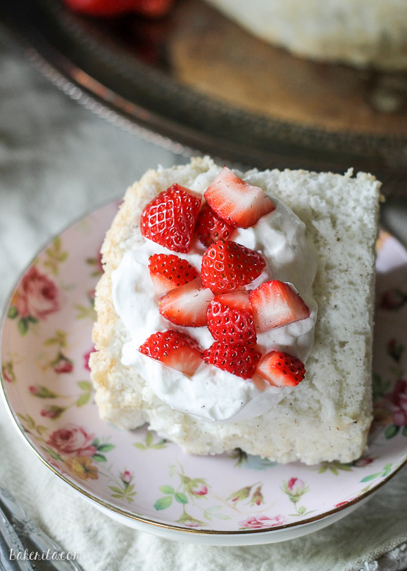 This Vanilla Bean Angel Food Cake is light and airy, with a pure vanilla scent from the vanilla beans flavoring the cake. It's the perfect light dessert when served with berries and whipped cream.