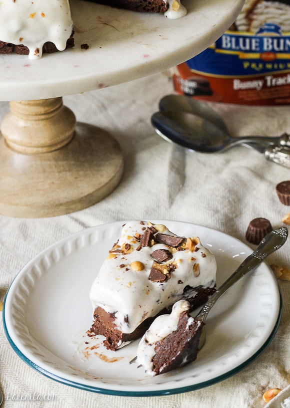 This Bunny Tracks Ice Cream Pie has a layer of rich, fudgy brownie, topped with peanut butter chocolate ganache and a thick layer of Bunny Tracks Ice Cream!