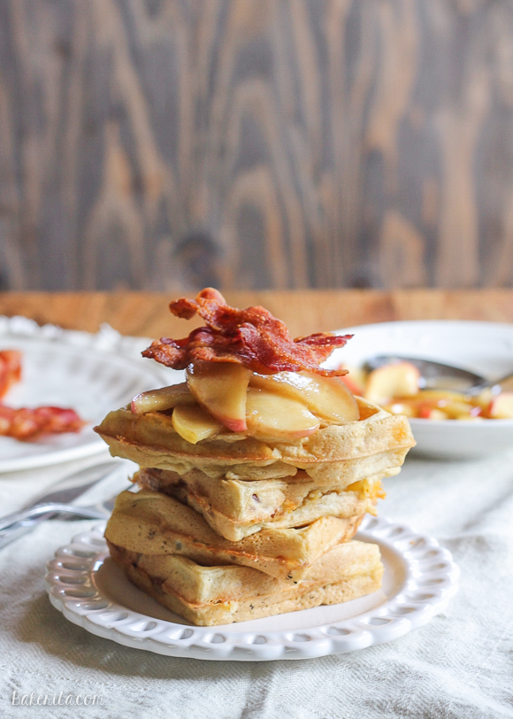 This Cheddar, Apple and Bacon Waffle is a sweet and savory spin on your favorite breakfast indulgence. Served with sautéed apples and syrup for an unforgettable breakfast or brunch!