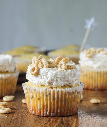 If you like Cheerios, you'll love these Honey Nut Cheerio Cupcakes! A soft honey cupcake made with cereal infused milk is topped with a Honey Nut Cheerio buttercream to create a treat you'll love.