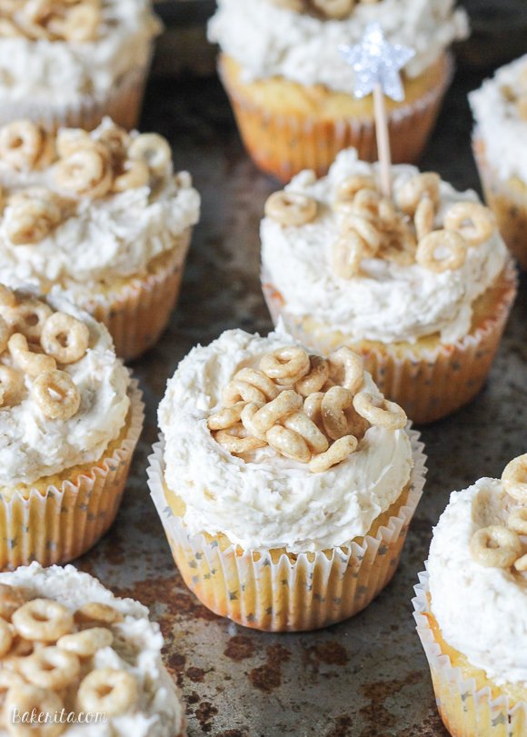 If you like Cheerios, you'll love these Honey Nut Cheerio Cupcakes! A soft honey cupcake made with cereal infused milk is topped with a Honey Nut Cheerio buttercream to create a treat you'll love.