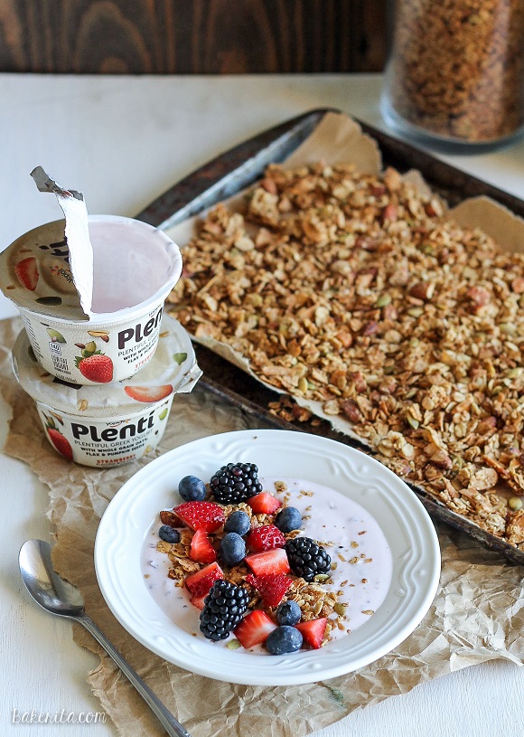 This Almond Coconut Butter Granola is the perfect topping for your yogurt, or it's great on its own as a heathy snack! This easy recipe is gluten-free, refined sugar-free, and vegan.