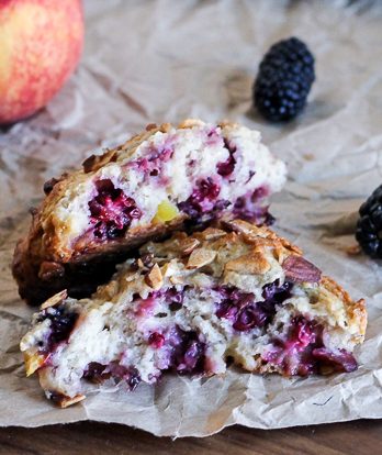 Blackberry Peach Scones combine two delicious summer fruits in a light, flaky scone that's perfect for breakfast or as a snack.