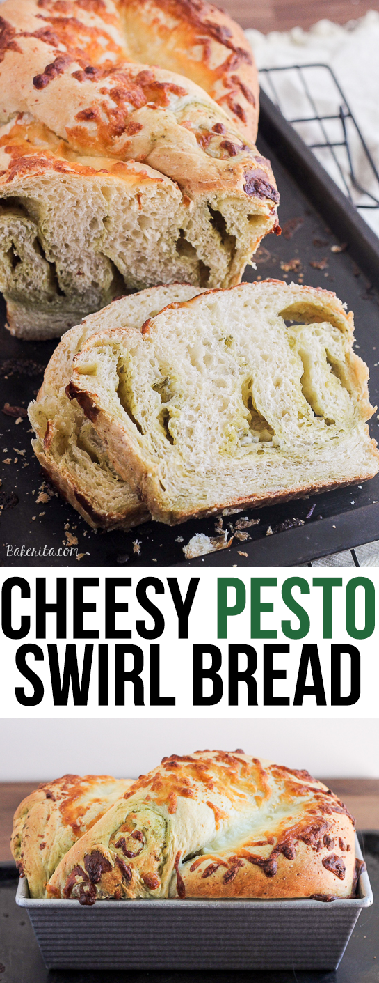 Gooey mozzarella cheese and pesto are swirled throughout a light and fluffy yeast bread to make this Cheesy Pesto Swirl Bread you won't be able to get enough of! Put a slice in the toaster for a delicious snack.