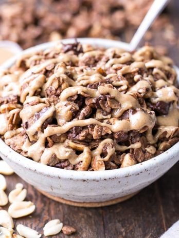 This Chocolate Peanut Butter Granola is the perfect indulgent breakfast or snack. It's gluten-free, dairy-free, vegan and refined sugar-free, and it tastes like dessert that you can have for breakfast!
