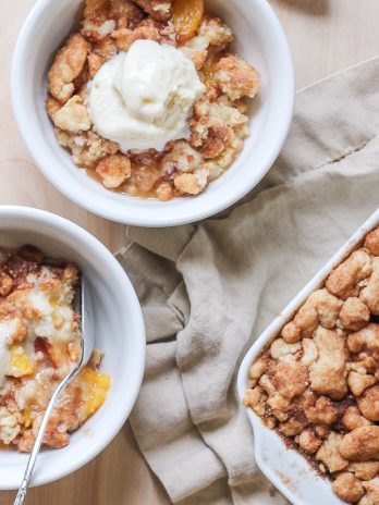 This Peach Snickerdoodle Crumble is made with just 3 ingredients! You'll love this super simple way to highlight your favorite summer stone fruit.