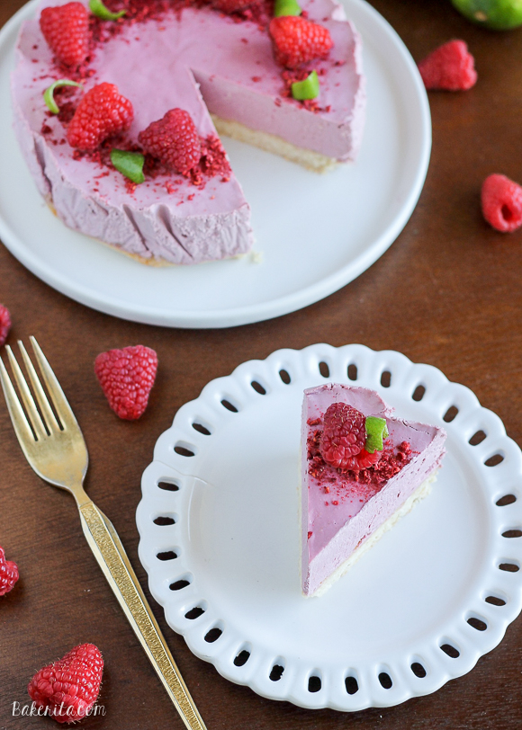 This Vegan Raspberry Lime Cheesecake with Coconut Crust is creamy and bursting with fresh, summery flavor. This vegan cheesecake is also Paleo, gluten-free, and refined sugar-free.