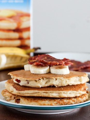 These Elvis Pancakes are banana peanut butter pancakes stuffed with peanut butter and bacon. These are the ultimate breakfast treat - made with only 4 ingredients!