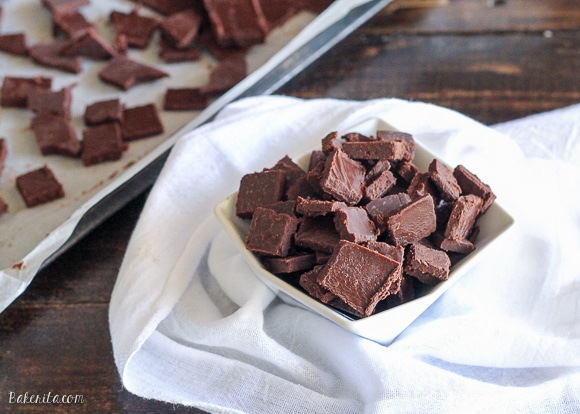 This easy recipe for homemade Paleo Chocolate Chunks makes delicious dark chocolate that melts in your mouth with only three ingredients! It's perfect to use as a paleo-friendly or refined sugar-free alternative in any recipes calling for chocolate chips or chunks.