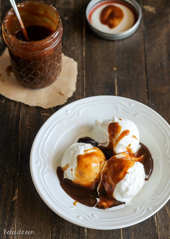 This Paleo Caramel Sauce is made with coconut milk and coconut sugar for a delicious, silky smooth sauce that's refined sugar free and vegan! It's perfect as a Paleo substitute for caramel sauce in any recipe.
