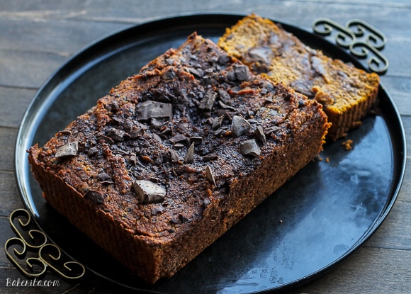 This Paleo Chocolate Chunk Pumpkin Bread is a good-for-you twist on your favorite fall treat. This easy recipe is the best I've made. It's chocolatey, moist, and made with coconut flour and almond butter!