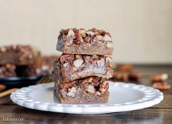 These Pecan Pie Blondies are a portable version of one of my favorite pies! The recipe for these sweet bars makes rich browned butter blondies topped with crunchy pecan pie filling.