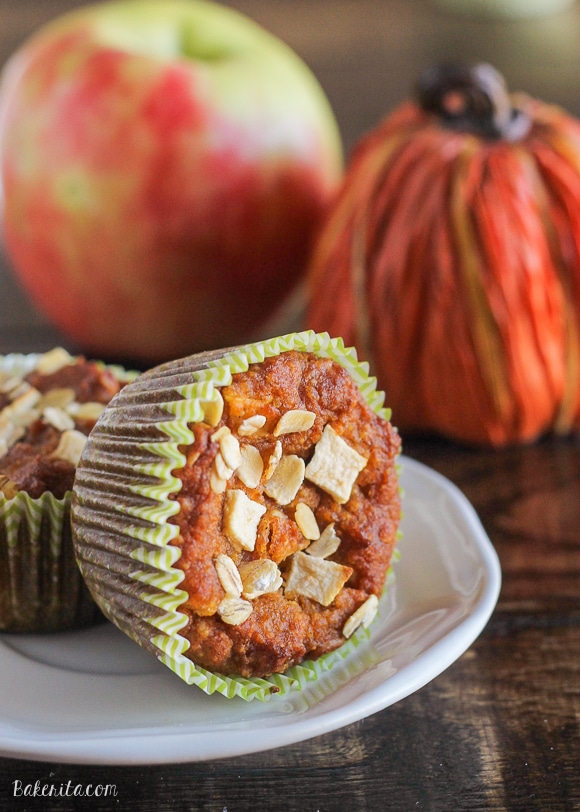 These Pumpkin Apple Muffins are a healthy breakfast treat that's full of fall flavor. This easy recipe is gluten free, refined sugar free, and vegan.