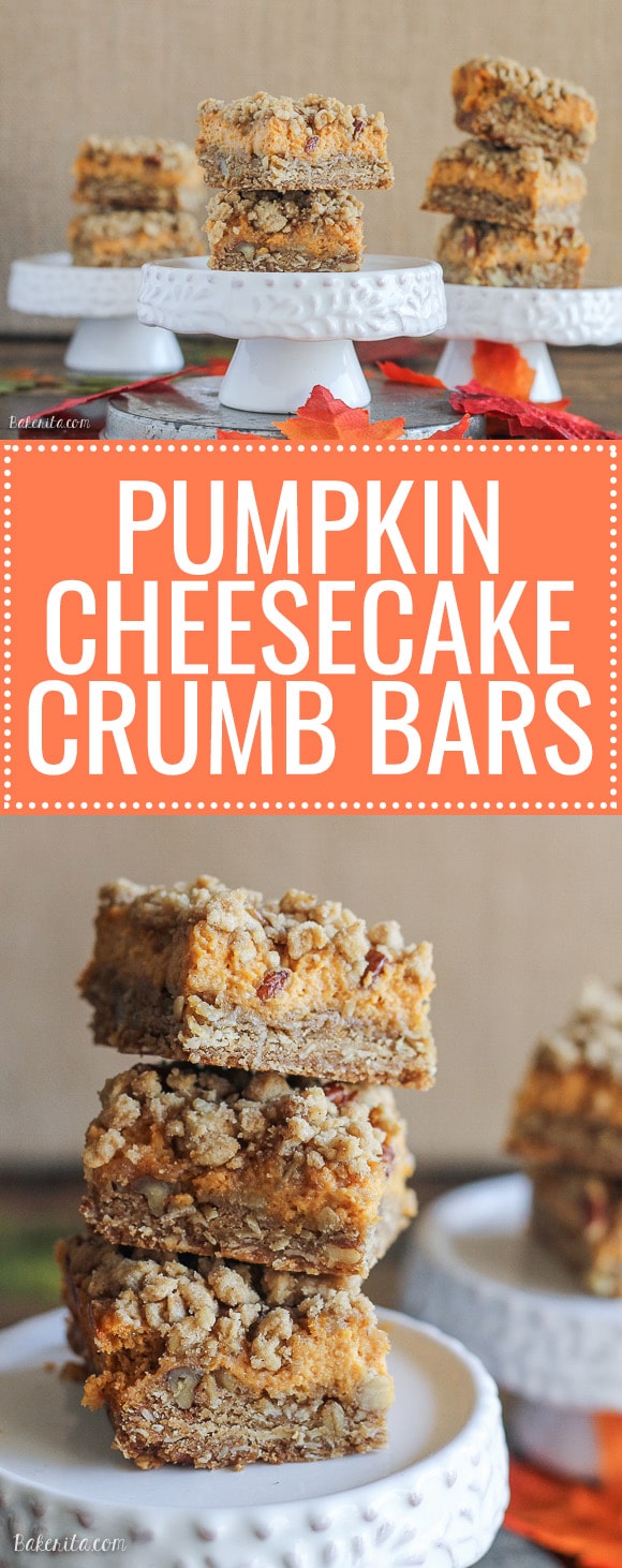 These Pumpkin Cheesecake Crumb Bars have a crumble crust full of oats and pecans with a creamy pumpkin cheesecake filling. This recipe is an irresistible fall treat!