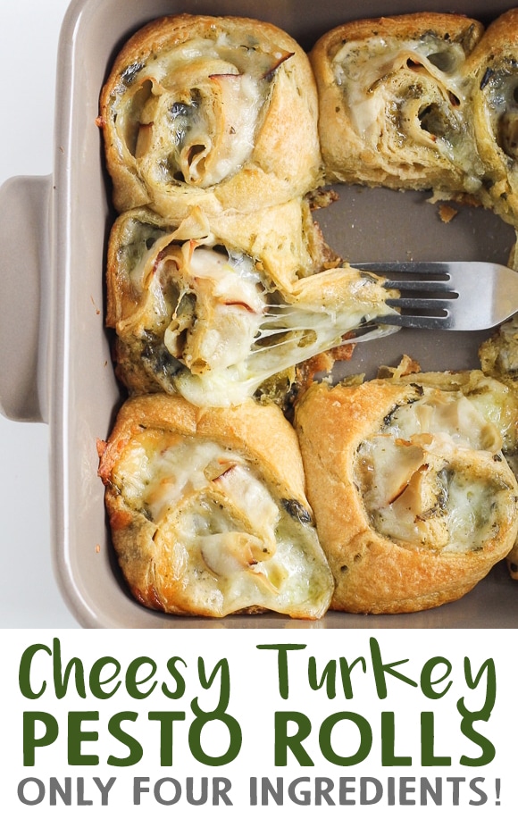These Cheesy Turkey Pesto Rolls make a great snack or appetizer, perfect for tailgating, the Superbowl, or the holidays! Gooey mozzarella makes this easy four-ingredient recipe absolutely irresistible.
