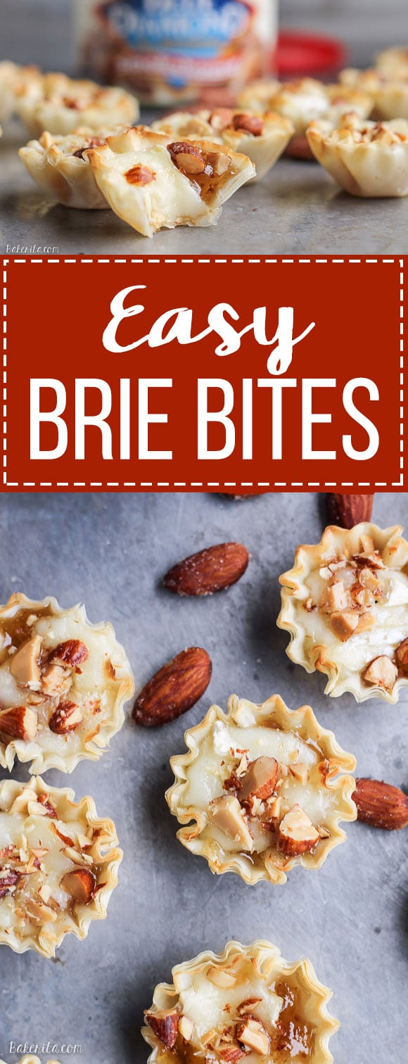 These Easy Brie Bites have only four ingredients, but make a delicious appetizer that you won't be able to get enough of! Gooey brie and crunchy smokehouse almonds make this simple appetizer recipe shine.