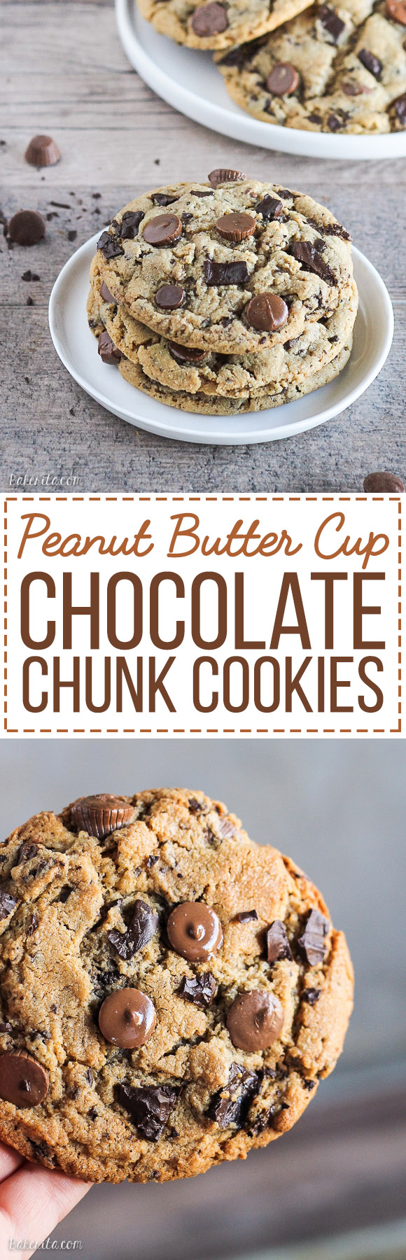 These Giant Peanut Butter Cup Chocolate Chunk Cookies are big, chewy, and full of peanut butter, peanut butter cups, and rich melted chocolate! If you love chocolate and peanut butter, these cookies will become a quick favorite.