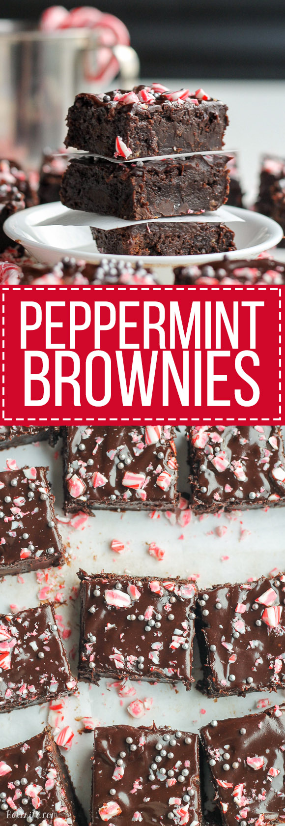 These Peppermint Brownies are classic fudge brownies with peppermint extract and mint chips for a chilly winter twist. This easy brownie recipe is topped with dark chocolate ganache and crushed candy canes.