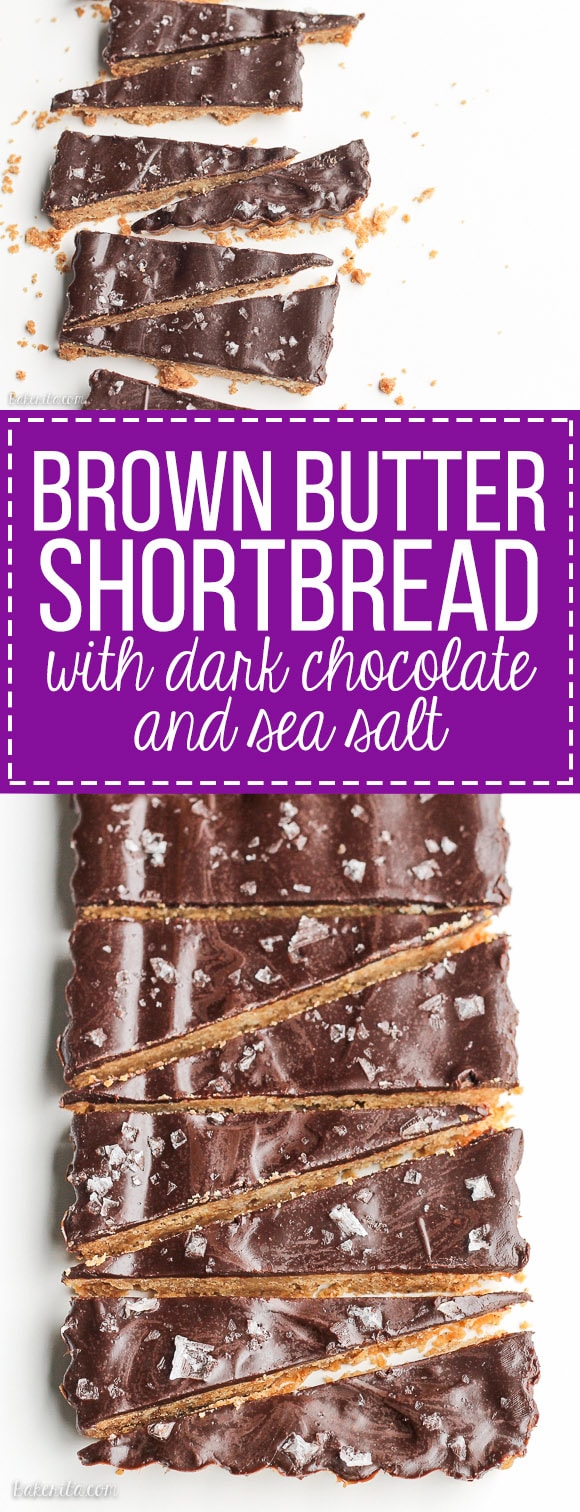 These Brown Butter Shortbread with Dark Chocolate + Sea Salt are full of simple, good quality ingredients for a sandy shortbread cookie that's the perfect addition to any holiday party. Dark chocolate and a sprinkle of good sea salt make this shortbread even more irresistible!