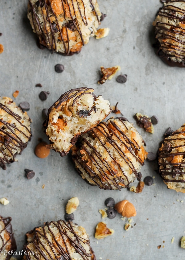 These Magic Bar Macaroons have all of the flavors of one of my favorite cookie bars, Magic Bars, in macaroon form! Chocolate chips, butterscotch, and walnuts make these naturally gluten-free cookies even more delicious.