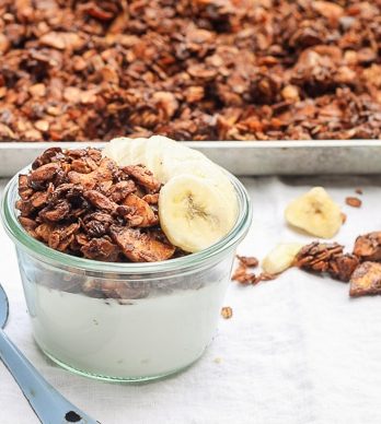 This Chocolate Banana Granola is super chocolatey with mashed banana and banana chips! This gluten-free and vegan granola makes a super addictive snack or breakfast.