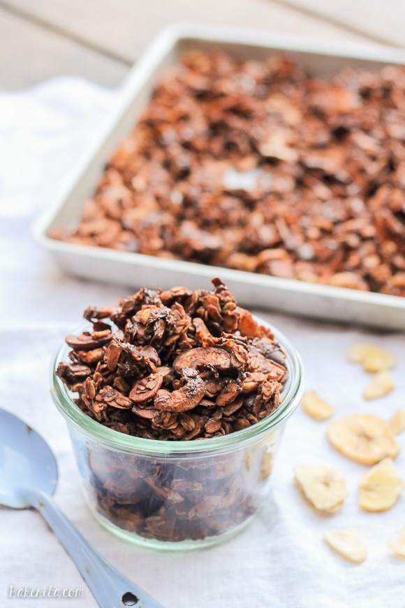 This Chocolate Banana Granola is super chocolatey with mashed banana and banana chips! This gluten-free and vegan granola makes a super addictive snack or breakfast.