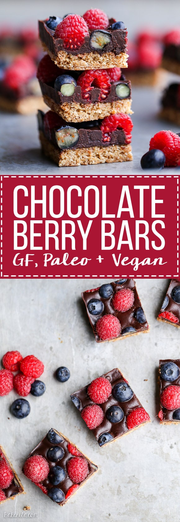 These Chocolate Berry Bars have an almond flour crust topped with vegan chocolate ganache and fresh raspberries and blueberries. These dessert bars are beautiful, delicious, and better for you - they're gluten-free, vegan, refined sugar-free, and Paleo.